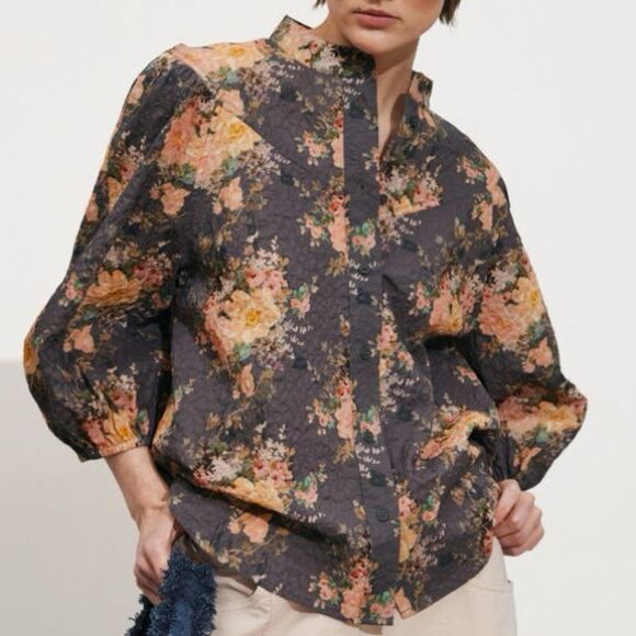 & Other Stories Paris Atelier Cottage Floral Gray & Pink Cotton Blouse Size 8 - Picture 8 of 16